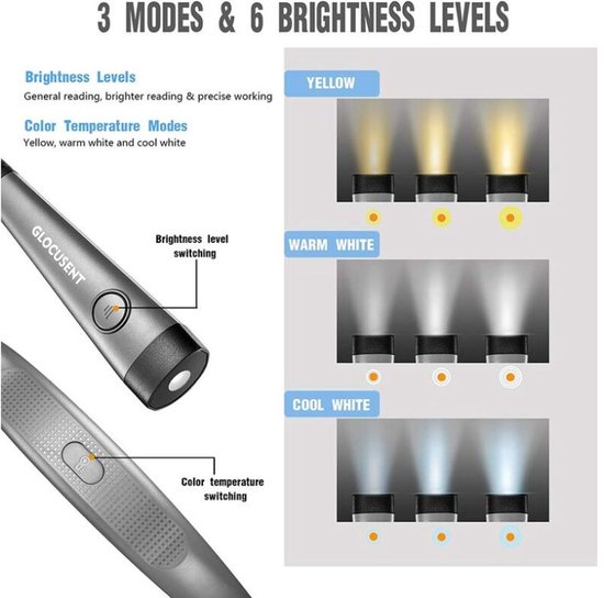Geschikt voor Glocusent oplaadbare nekleeslamp, bedleeslamp, 3 kleuren, 6 helderheidsniveaus, buigbare armen, lange batterijduur, perfect om te lezen, breien, repareren [C] van Merkloos — afbeelding 5