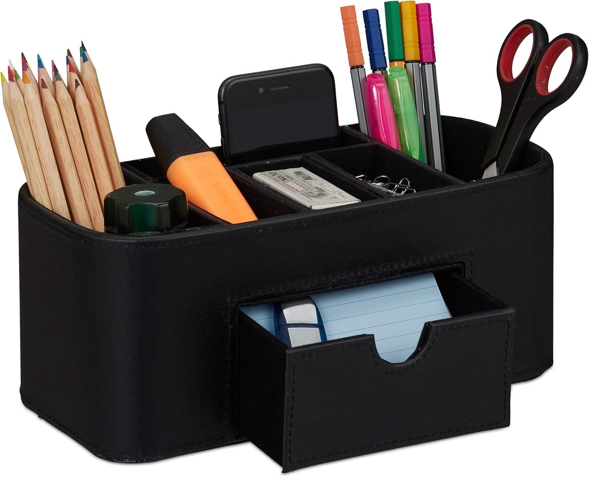 Famanu - Pennenbakje, bureau organizer met 7 vakken, kunstleer, pennenhouder HxBxD: 10,5 x 26, 11,5 cm, zwart