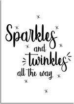 DesignClaud Kerstposter Sparkles and Twinkles all the way - Kerstdecoratie Zwart wit A4 + Fotolijst wit