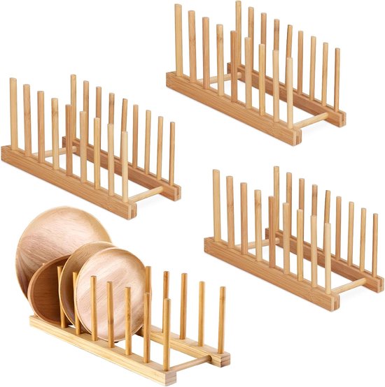 4 Pack Bamboe Afdruiprek Voor Kom, Keukenkastorganizer Capaciteit 7 Borden, Bamboe Houten Afdruiprek, Vaatwas Droogrek Voor Borden, Kommen, Kopjes