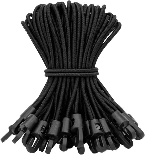6 stuks elastieken met rubberen haken met zwarte karabijnhaak voor bagage, camping, luifel, dekzeilen, tuin, fiets, auto (6 x 30 cm