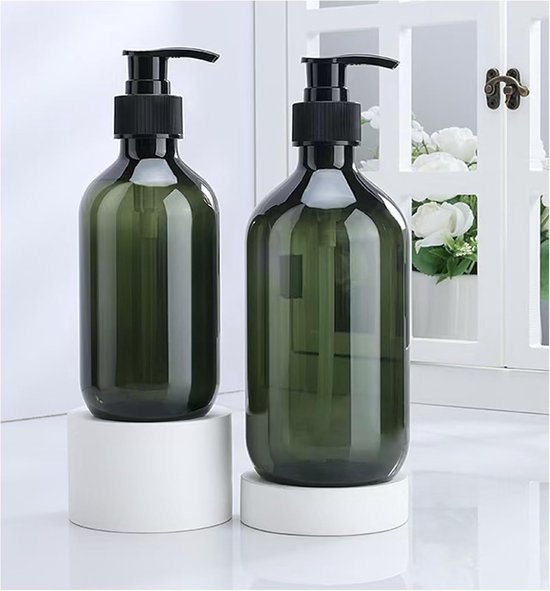 Hejo Zeepdispenser, 400 ml navulbare afwasmiddeldispenser van glas, 2 stuks, transparant, moderne gestreepte zeepdispenser voor badkamer en keuken ( olijfgroen