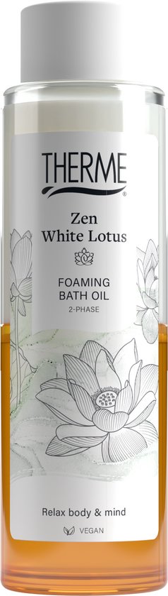 Therme Zen White Lotus schuimende badolie. Transparante fles met witte lotusafbeelding en oranje vloeistof. "Relax body & mind" "VEGAN".
