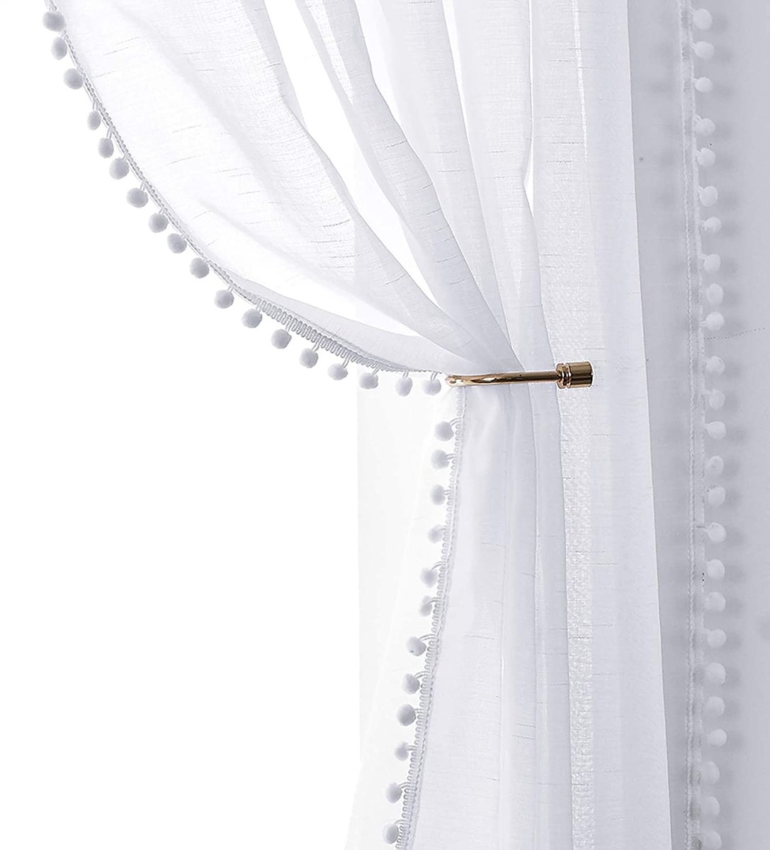 Unyqoos ® Stijlvolle Transparante Gordijnen met Pompons en Linnenlook voor Interieurdecoratie wit