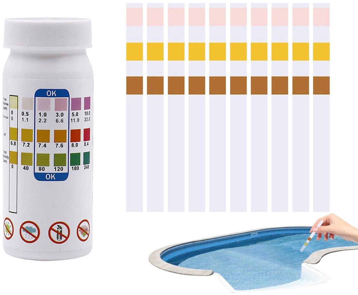 Zwembad test strips - 100 stuks - Teststrips Zwembad - Zwembad Tester voor pH en chloor en alkaliteit - Watertester - Zwembadonderhoud - 3 in 1 Teststrips zwembad - Waterkwaliteit Controle - Spa - Jacuzzi - Chloor - teststrips water