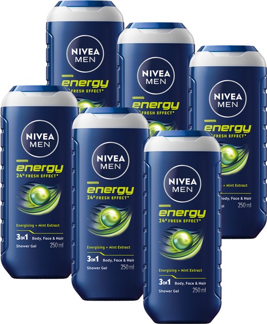 NIVEA MEN Energy Douchegel - 3-in-1 Shower Gel Met Mintextract - Shampoo - Voordeelverpakking - 6 x 250 ml