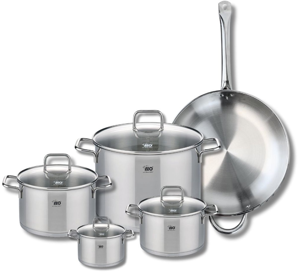 Set van 1 Koekenpan 32 cm en 4 kookpotten 12, 16, 20 en 26 cm Elo Profi Citrin