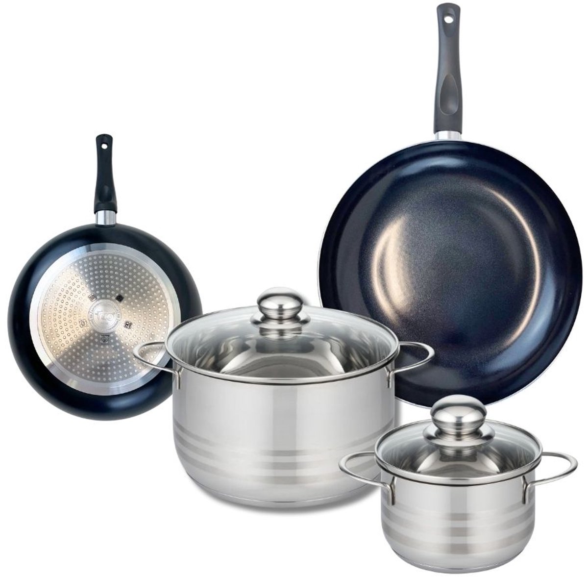 Set van 2 Koekenpannen 20 en 28 cm en 2 Kookpotten 16 en 24 cm Elo Prima Glanzend