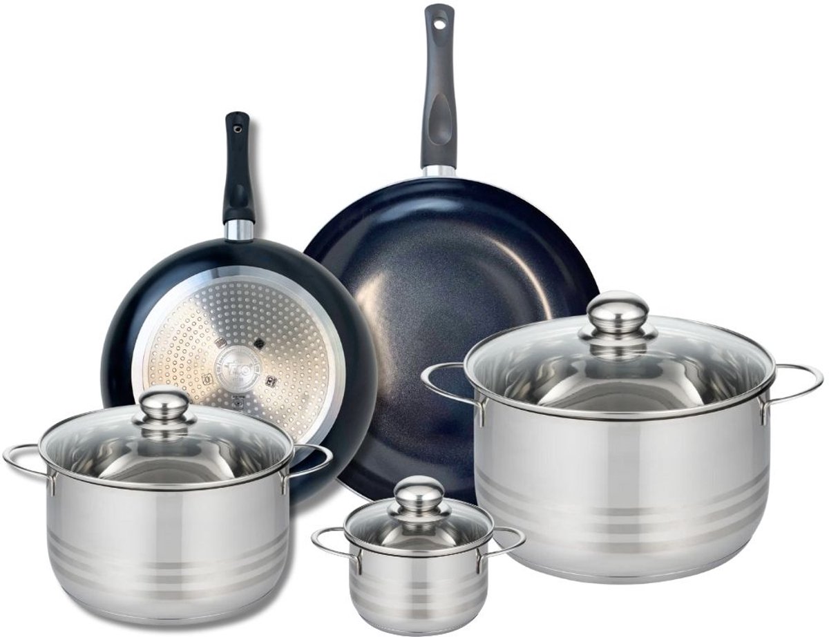 Set van 2 Koekenpannen 24 en 28 cm en 3 Kookpotten 12, 20 en 24 cm Elo Prima Glanzend