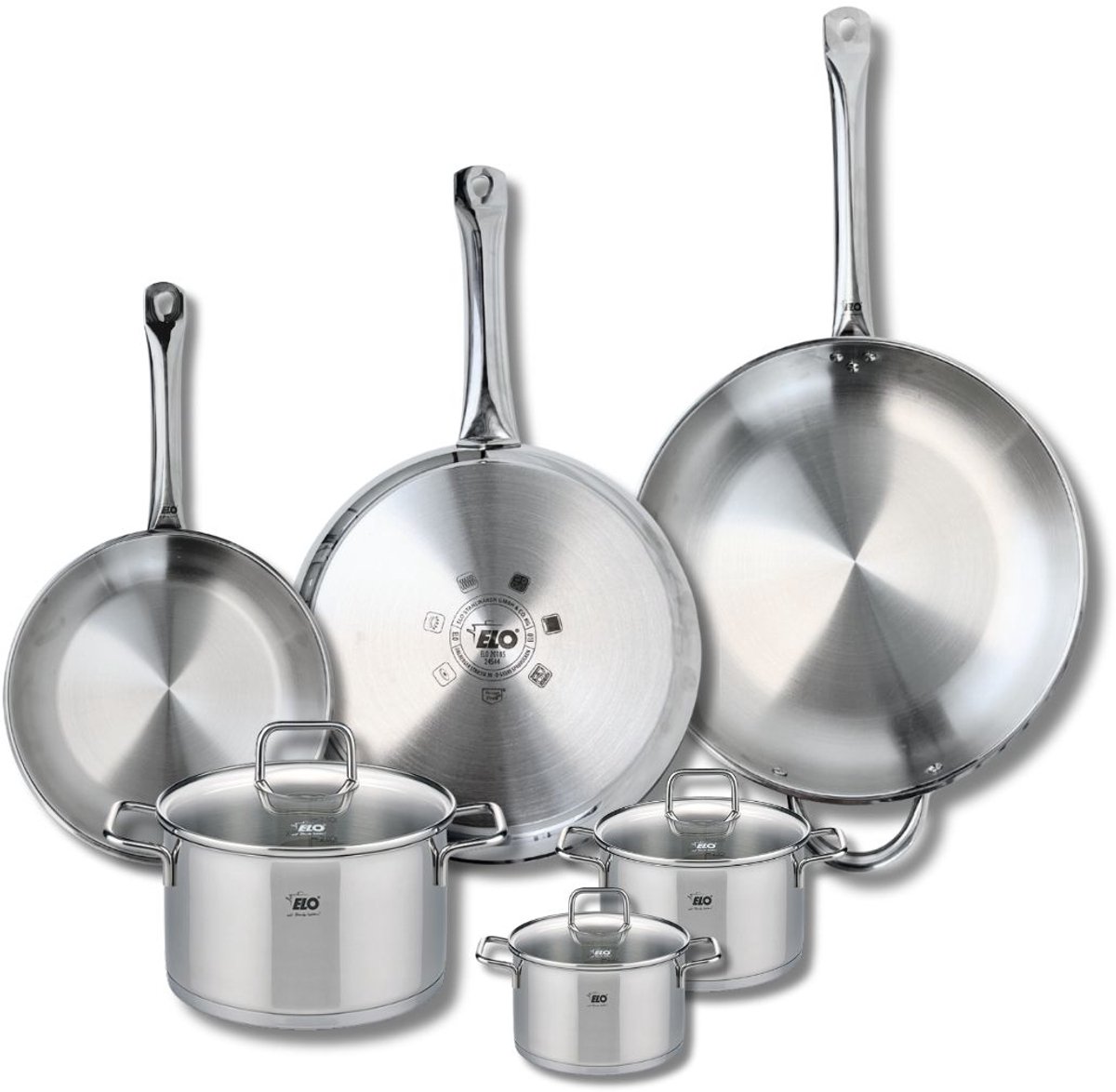 Set van 3 Kookpannen 24, 28 en 32 cm en 3 braadpannen 12, 14 en 20 cm Elo Profi Citrin