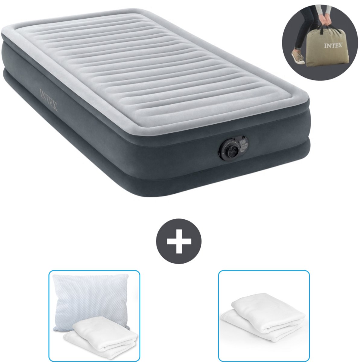 Intex Luchtbed - 1 Persoons - 99 x 191 x 33 cm - Grijs - Inclusief pomp - Kussen en Kussenbeschermer
