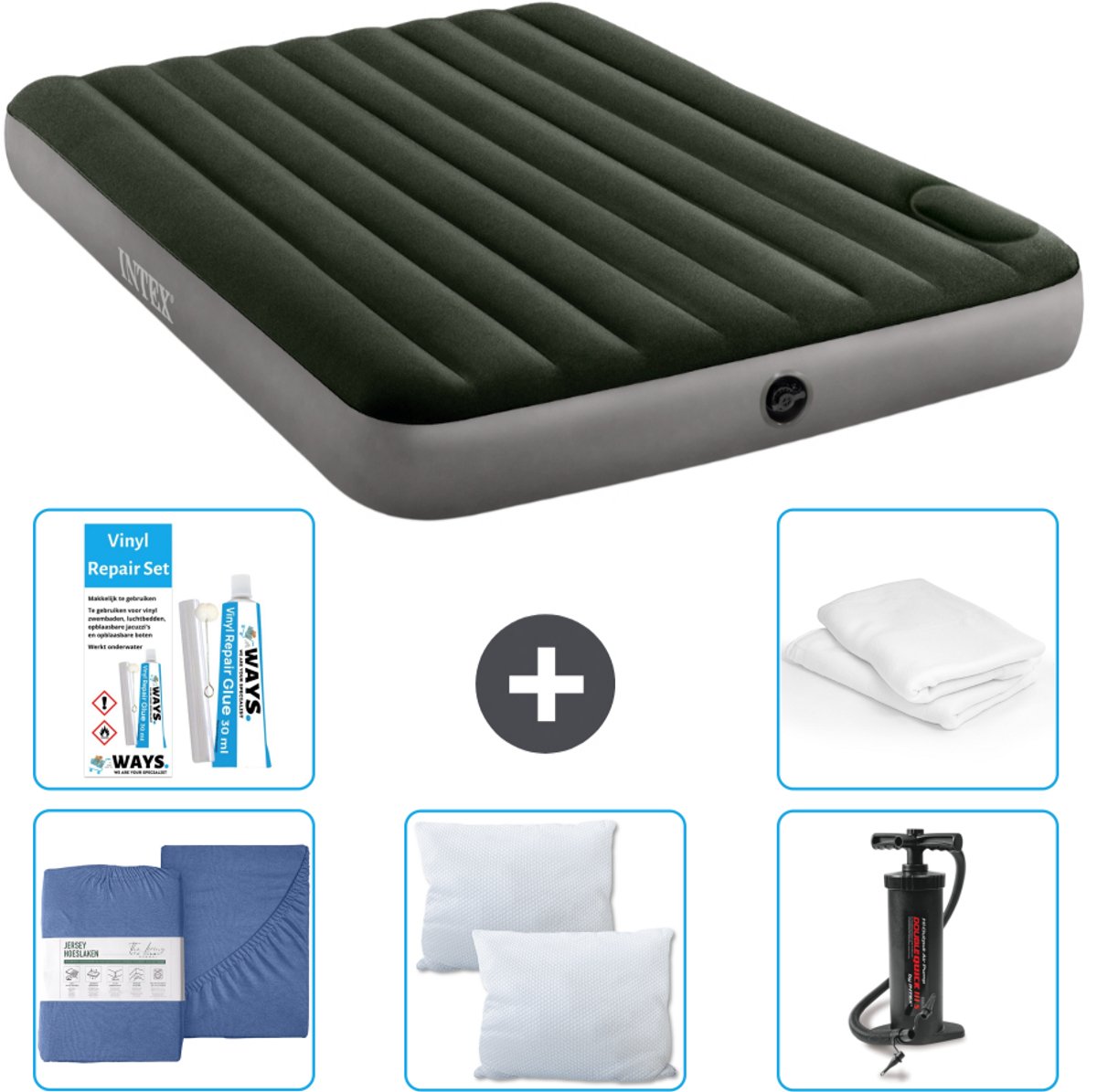 Intex Luchtbed - 2-Persoons - 152 x 203 x 25 cm - Groen - Inclusief Hoeslaken - Kussen - Pomp - Reparatieset en Kussenbeschermer