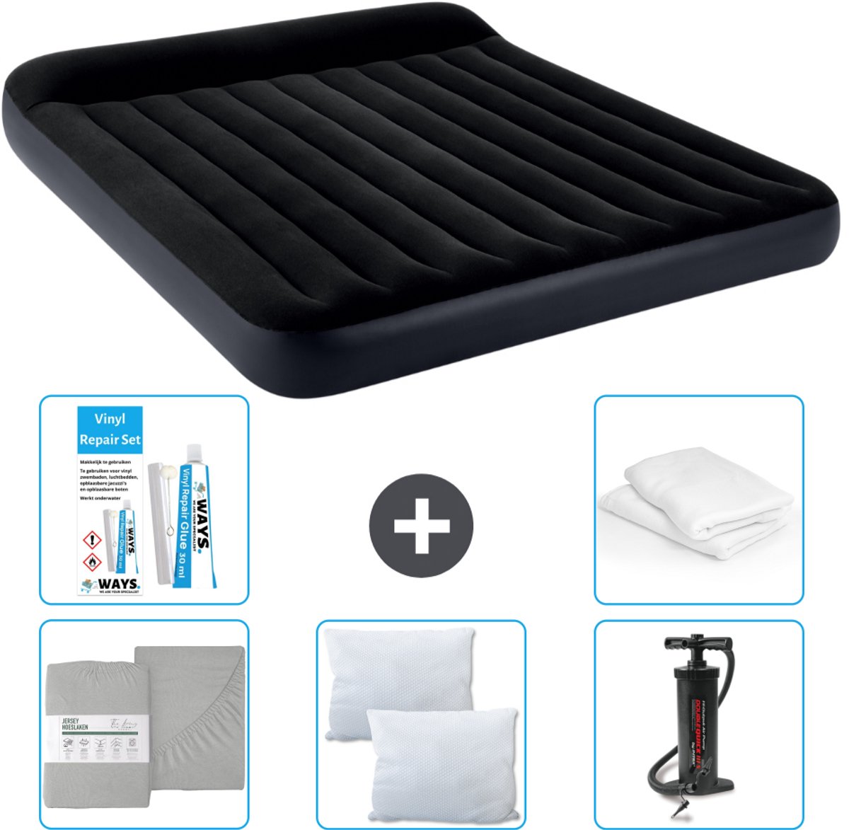 Intex Luchtbed - 2-Persoons - 183 x 203 x 25 cm - Donkerblauw - Inclusief Hoeslaken - Kussen - Pomp - Reparatieset en Kussenbeschermer