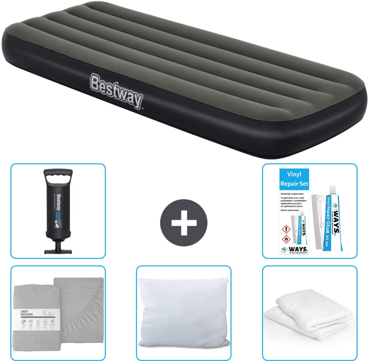 Bestway luchtbed - 1-Persoons - 76 x 185 x 25 cm - Groen - Inclusief Hoeslaken - Kussen - Kussenbeschermer - Pomp en Reparatieset