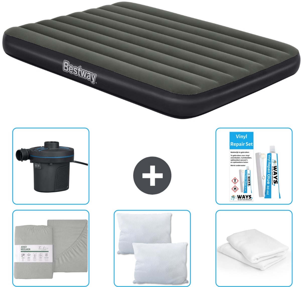 Bestway luchtbed - Twijfelaar- 137 x 191 x 25 cm - Groen - Inclusief Hoeslaken - Kussen - Kussenbeschermer - Pomp en Reparatieset