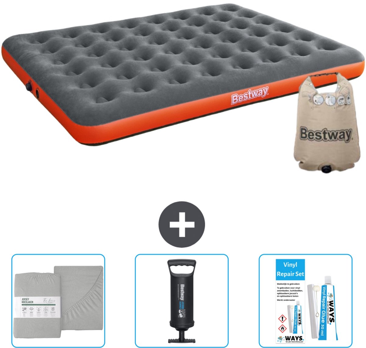 Bestway luchtbed - 2-Persoons - 152 x 203 x 22 cm - Grijs/Oranje - Inclusief Hoeslaken - Pomp en Reparatieset
