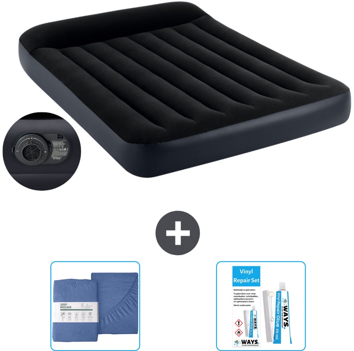 Intex Luchtbed - Twijfelaar - 137 x 191 x 25 cm - Blauw - Inclusief pomp - Hoeslaken en Reparatieset