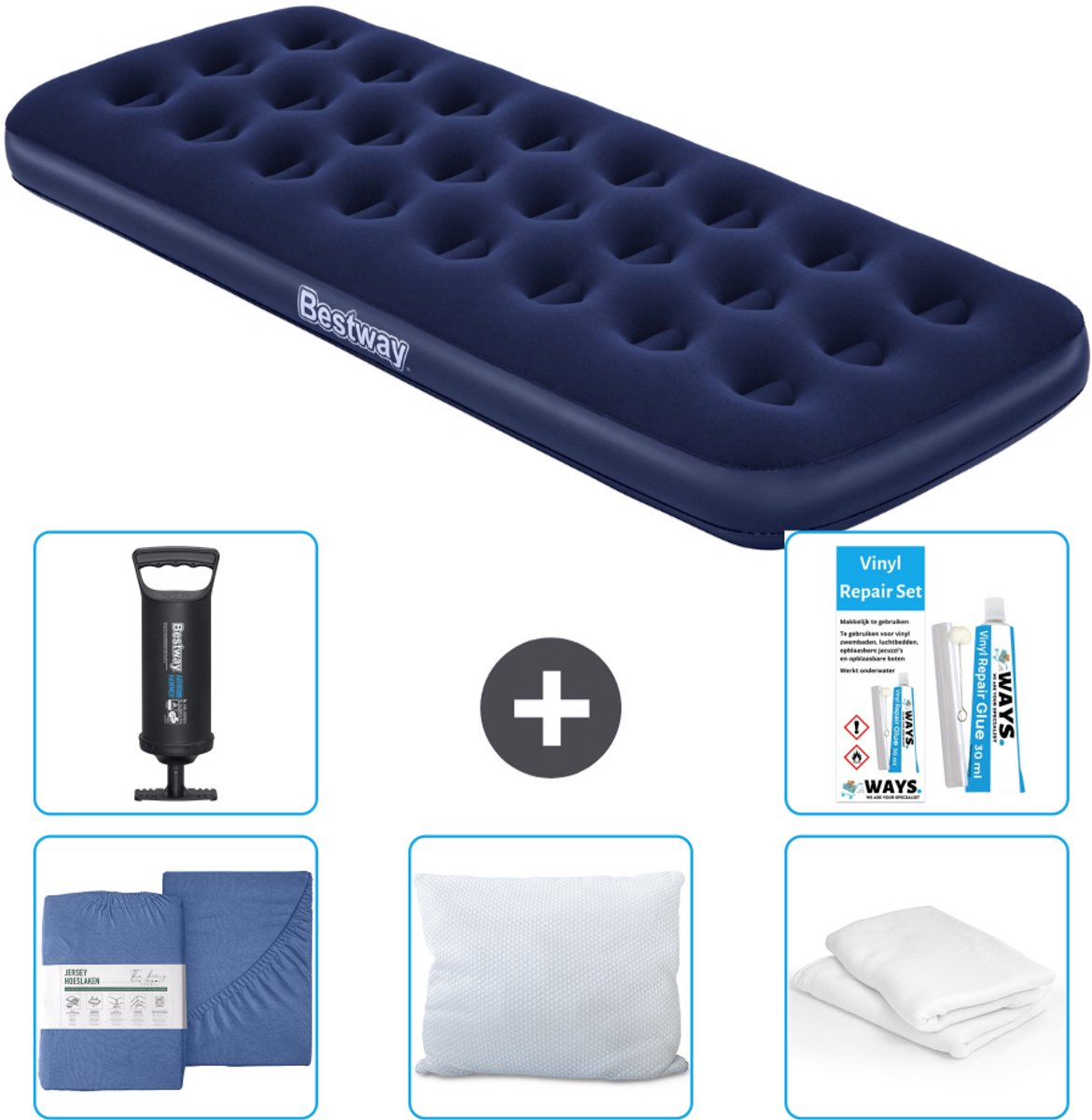 Bestway luchtbed - 1-Persoons - 76 x 185 x 22 cm - Blauw - Inclusief Hoeslaken - Kussen - Kussenbeschermer - Pomp en Reparatieset