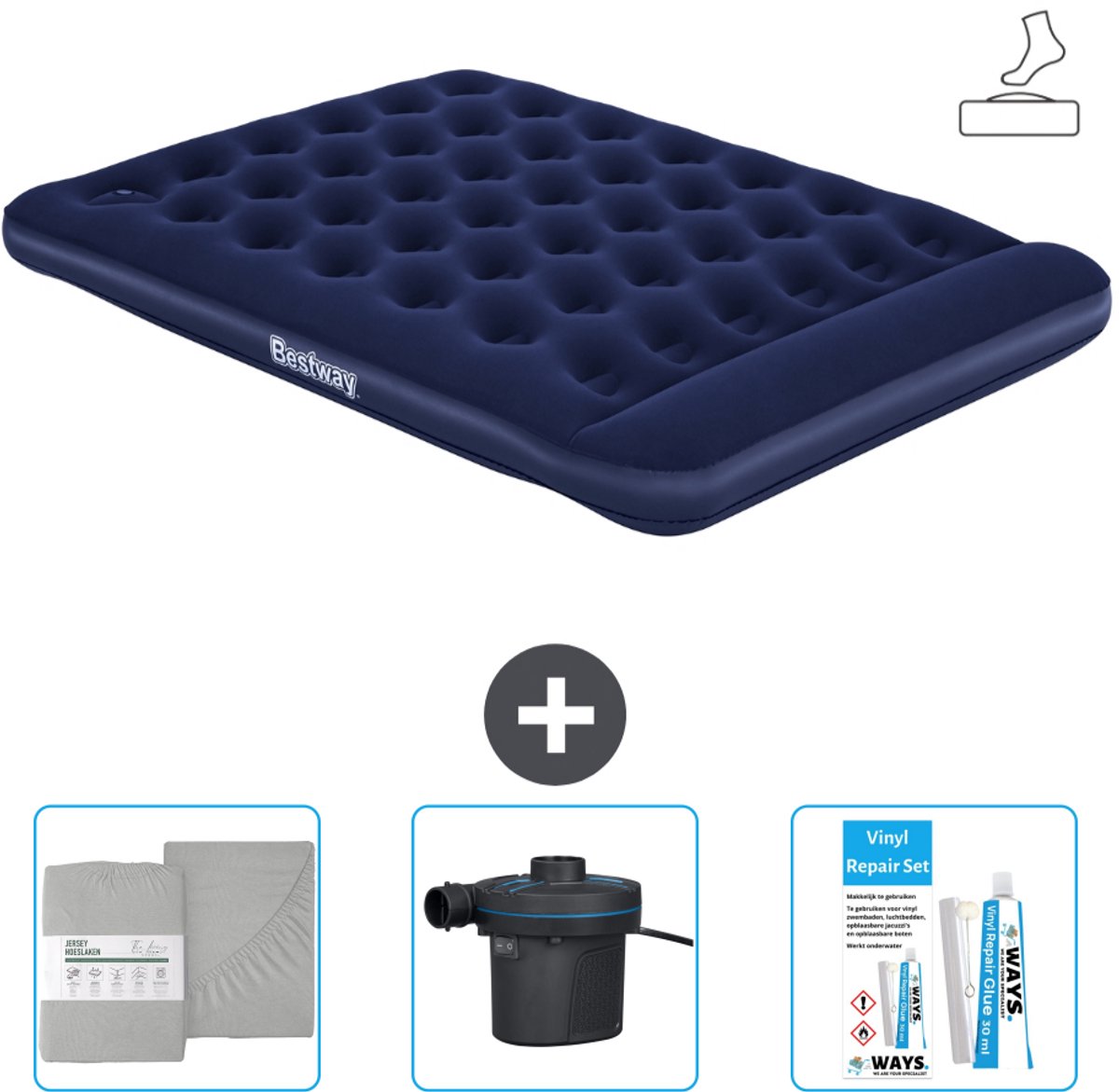Bestway luchtbed - 2-Persoons - 152 x 203 x 28 cm - Blauw - Inclusief pomp - Hoeslaken - Pomp en Reparatieset