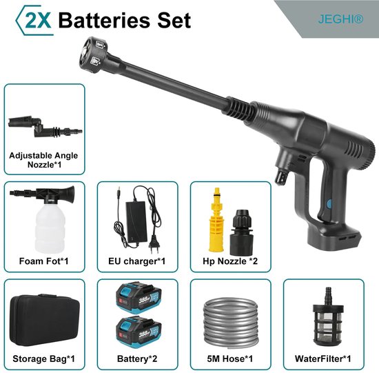 Jeghi® Accu Hogedrukreiniger 6 in 1 - Hoge drukspuit - Cleaner - Tuinslang - Auto Cleaner - incl. 2x Accu 18V - max. 200 bar - 3 standen - incl. 5m waterslang - Zwart