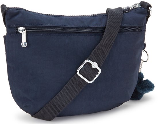 Donkerblauwe Kipling schoudertas met verstelbare band, een ritsvak voor en een aap sleutelhanger.