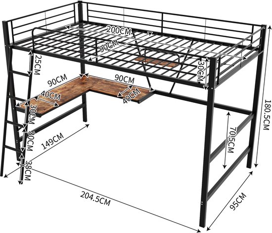 Hoogslaper 90x200cm, Metalen Frame, Verhoogd Bed Met Ladder, Bureau En 4 Kleine Hoekplanken Voor Kinderen Tieners Zwart Hoogslaper 90x200cm, Metalen Frame, Verhoogd Bed Met Ladder, Bureau En 4 Kleine Hoekplanken Voor Kinderen Tieners Zwart