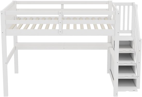 Lit mezzanine - 140x 200 cm - lit mezzanine enfant - avec tiroirs de rangement et bureau sous le lit - blanc - sans matelas