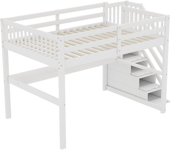 Lit mezzanine - 140x 200 cm - lit mezzanine enfant - avec tiroirs de rangement et bureau sous le lit - blanc - sans matelas
