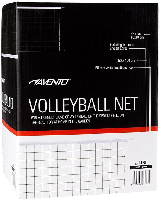 De verpakking van een Avento volleybalnet met de tekst "VOLLEYBALL NET" en "AVENTO".
