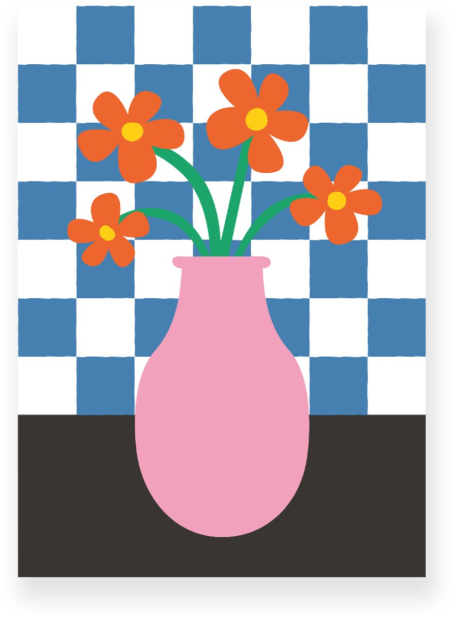 Yisual Aluminium plaat 20x30 cm - Poster - Vaas met Bloemen - Geblokte Tegels - Roze - Blauw - Vintage - Eclectisch - Muurdecoratie - Wanddecoratie