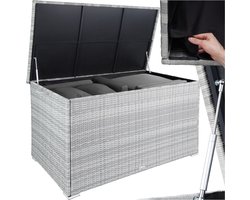 tectake® Aluminium wicker opbergbox - Outdoor kussenbox - Uitneembare binnenzak - Weerbestendig en afsluitbaar met deksel - Inclusief 2 handgrepen, deksel en gasveren - UV bestendig - Inhoud 750 l - Afmeting (LxBxH) 145 x 82,5 x 79,5 cm - Lichtgrijs