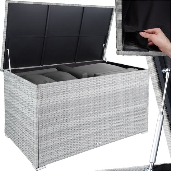 tectake® Aluminium wicker opbergbox - Outdoor kussenbox - Uitneembare binnenzak - Weerbestendig en afsluitbaar met deksel - Inclusief 2 handgrepen, deksel en gasveren - UV bestendig - Inhoud 750 l - Afmeting (LxBxH) 145 x 82,5 x 79,5 cm - Lichtgrijs
