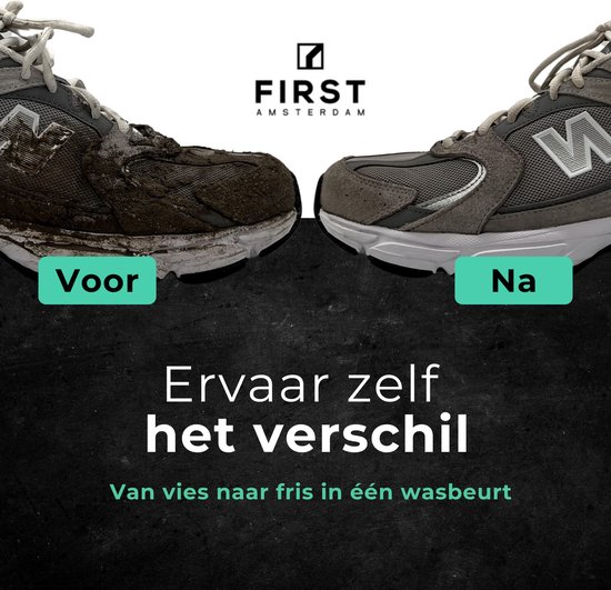 Vergelijking van een vuile sneaker met 'Voor' en een schone sneaker met 'Na'. Tussen de sneakers staat een fles groene schoenreiniger.
