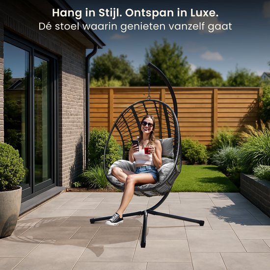 Swoods XXL Egg Hangstoel met Standaard – Hangstoel voor Buiten en Binnen – Egg Chair – Ei Stoel – tot 150 kg – Incl. Kussens