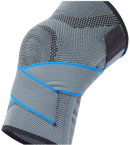 Grijze kniebrace met blauwe bandjes en textuur