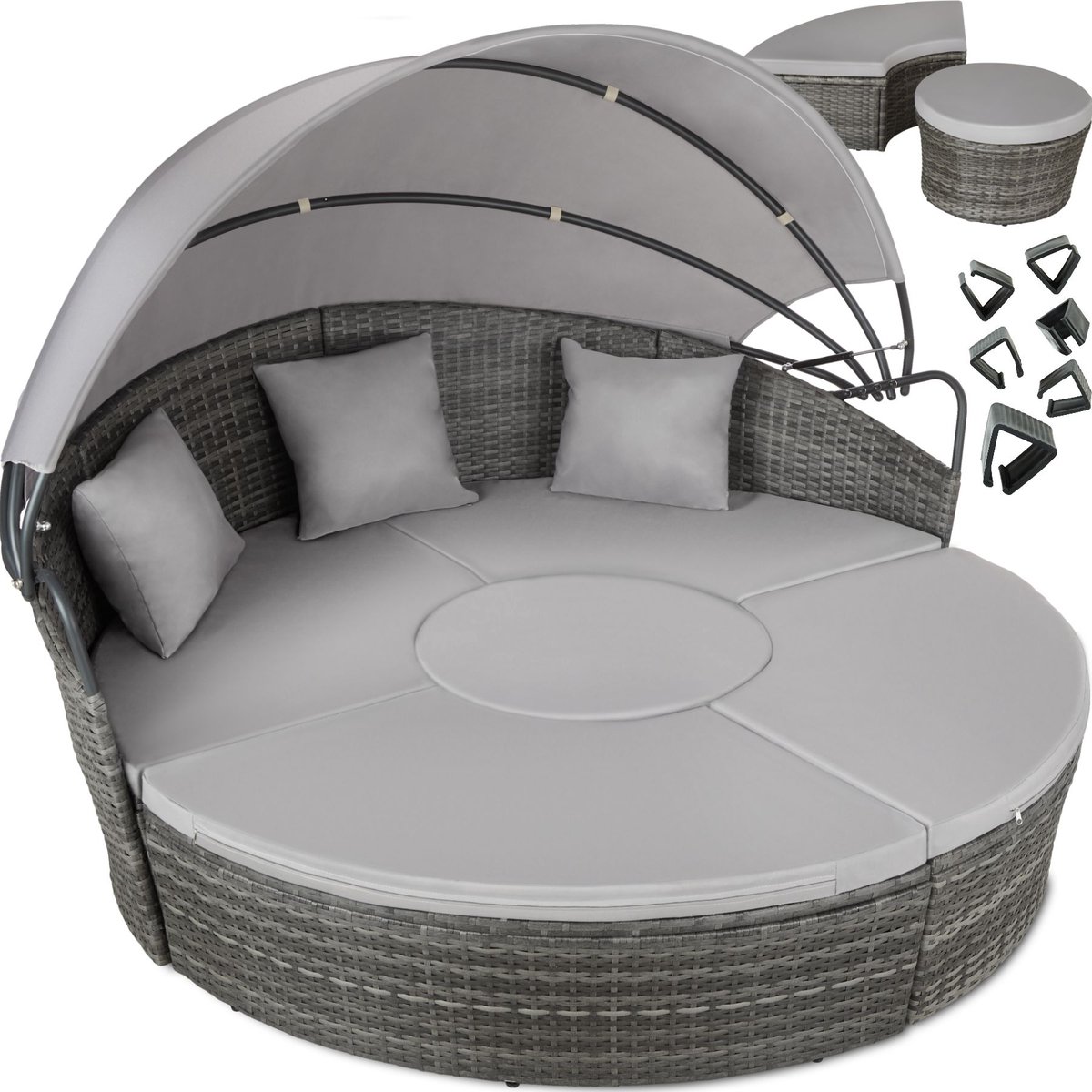 tectake® Zonne eiland Santorini - Loungebed voor 2 Personen - Multifunctioneel Ligbed met Zonnescherm - Vrij in te delen Tuin Ligstoel - UV- en Weerbestendig - Inclusief Kussens - Grijs