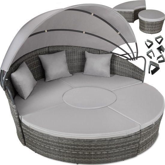 tectake® Zonne eiland Santorini - Loungebed voor 2 Personen - Multifunctioneel Ligbed met Zonnescherm - Vrij in te delen Tuin Ligstoel - UV- en Weerbestendig - Inclusief Kussens - Grijs