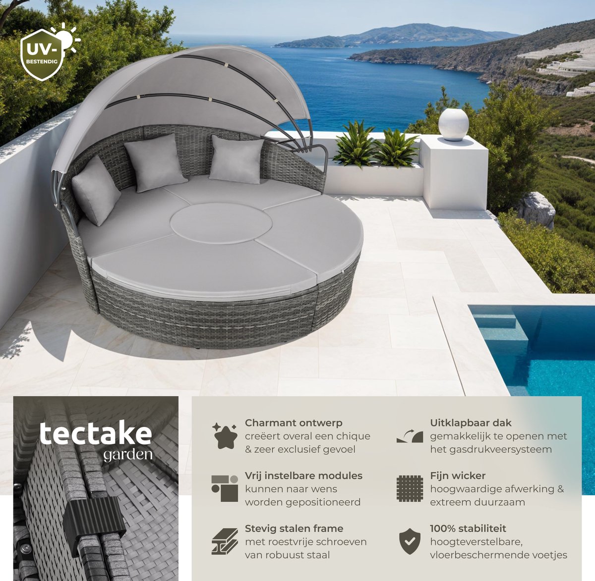 tectake® Wicker Zonne-eiland Santorini - Loungebed voor 2 Personen - Multifunctioneel Rond Ligbed met Zonnescherm - Vrij in te delen Tuin Ligstoel met Luifel - UV- en Weerbestendige Tuinset - Loungeset Inclusief Kussens - Grijs thumbnail 2