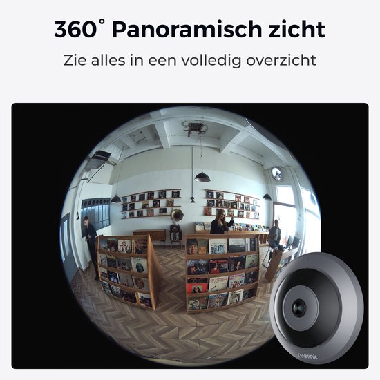 360° panoramisch beeld van een winkel, met een Reolink camera rechtsonder.