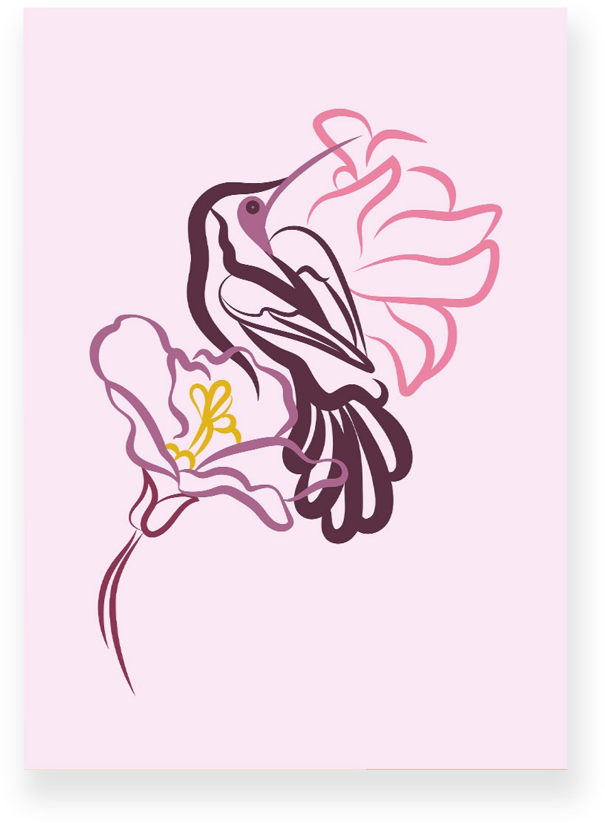 Yisual Aluminium plaat 30x40 cm - Poster - Kolibrie - Vogel - Bloemen - Roze - Paars - Minimalistisch - Botanisch - Muurdecoratie - Wanddecoratie