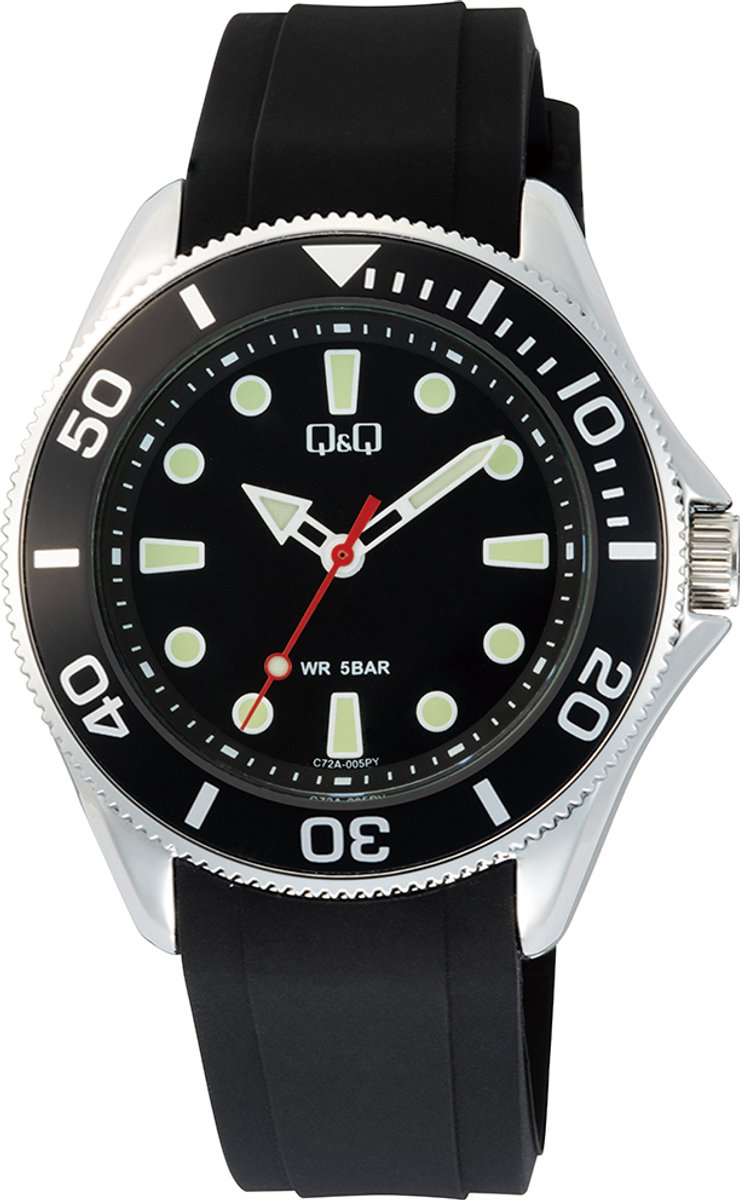 QQ C72A-005VY - Horloge - Polshorloge - Analoog - Heren - Mannen - Siliconen band - Rond - Metaal - Stippen - Strepen - Zwart - Zilverkleurig - LichtGroen