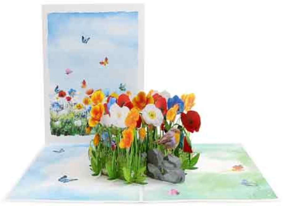 Pop up wenskaart - pop out wenskaart - felicitatie - pensioen - stoppen met werken - verjaardag - bloemen - liefde - moederdag - wenskaart - bloemenweide - hart onder de riem - sterkte - veel liefs - blanco
