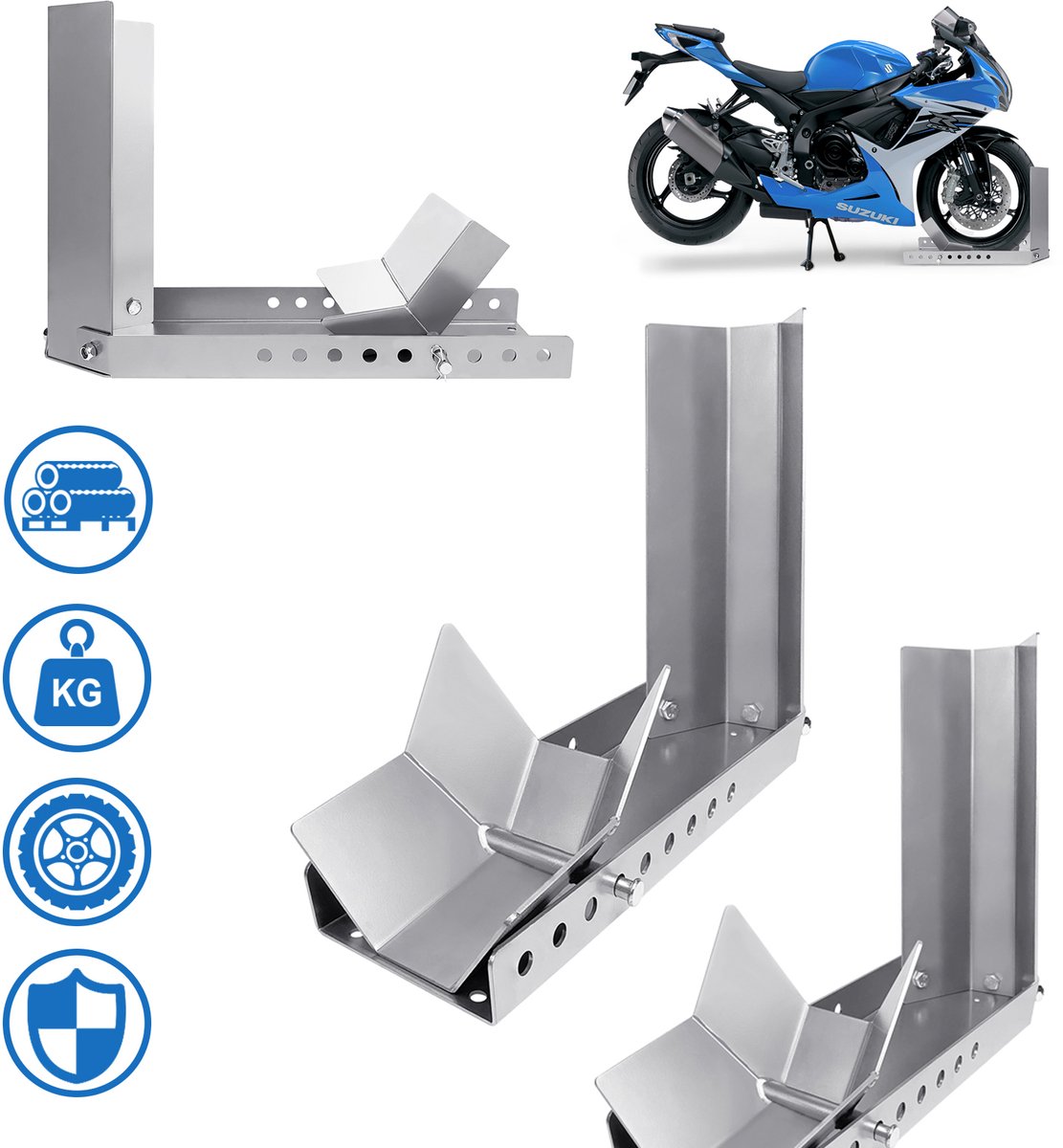 Laadhulp, rail, motorwip, motorstandaard, voorwielklem, versterkte standaard, met 3 ankerbouten, hoge veiligheidsfactor (3 stuks)