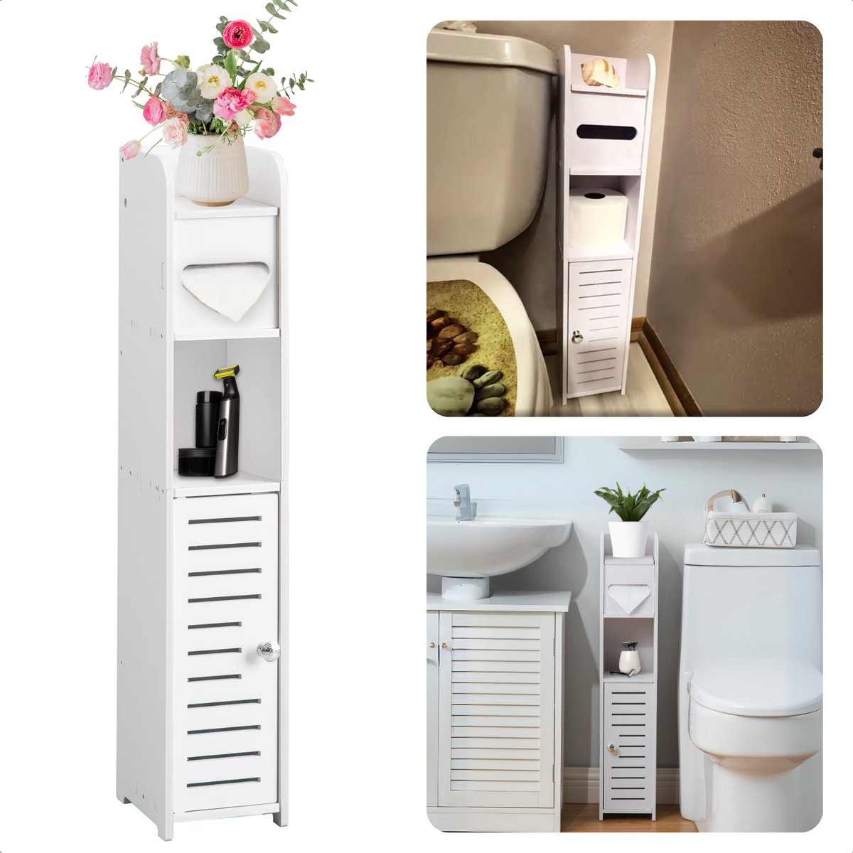 Cheqo® Badkamerkastje - Toiletkast - Badkamer Organizer - Opbergkast Badkamer of Slaapkamer - Badkamer Kast - Badkamerkast - Opbergkast - Smal en Hoog - 80 cm - MDF - Witte Opberger