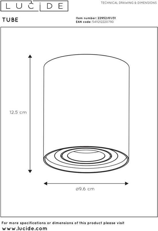 Lucide TUBE - Spot plafond - Ø 9,6 cm - 1xGU10 - Blanc