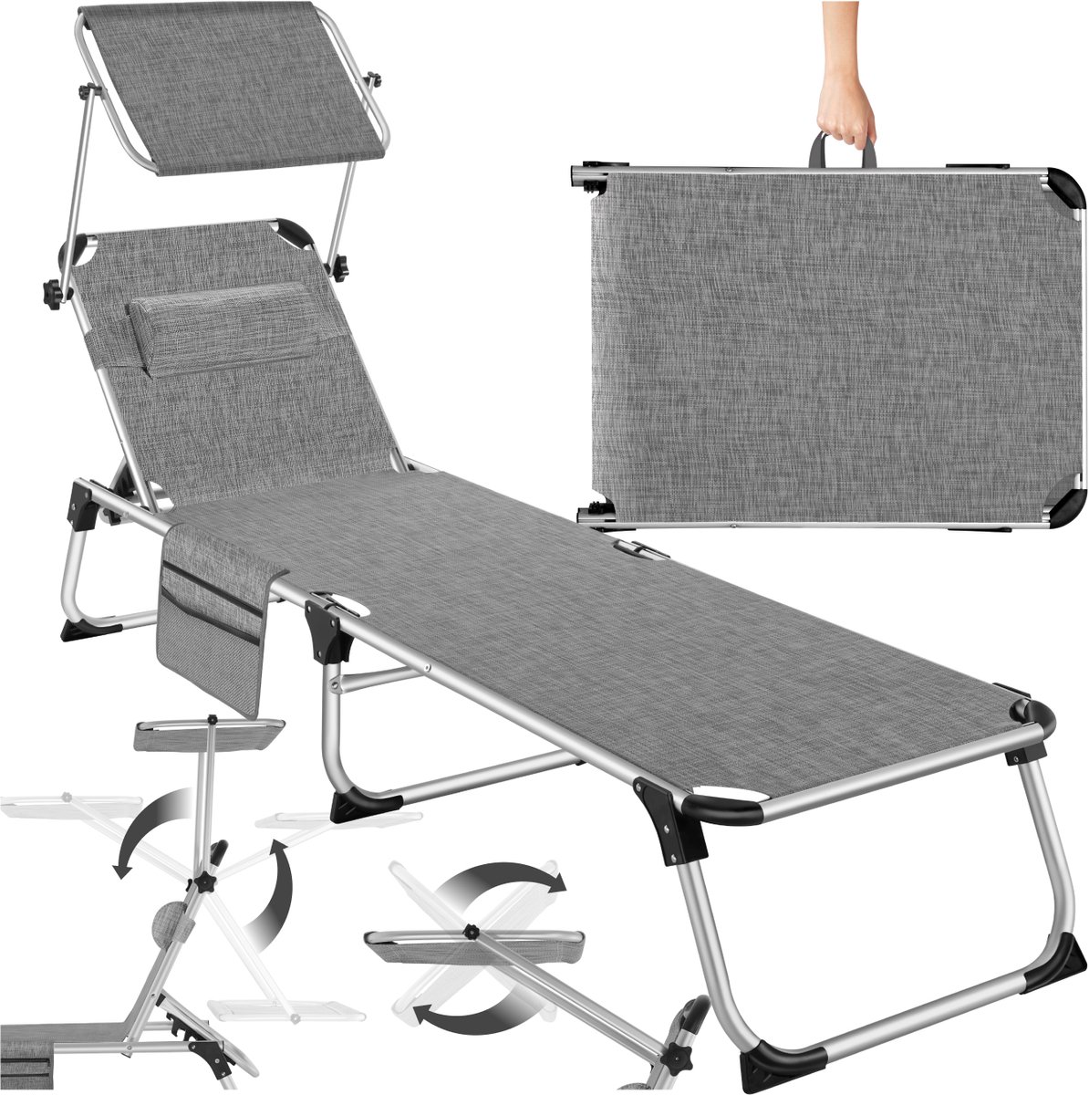 tectake® - ligstoel ligbed zonnebed - aluminium - grijs - met kussen en zijvak