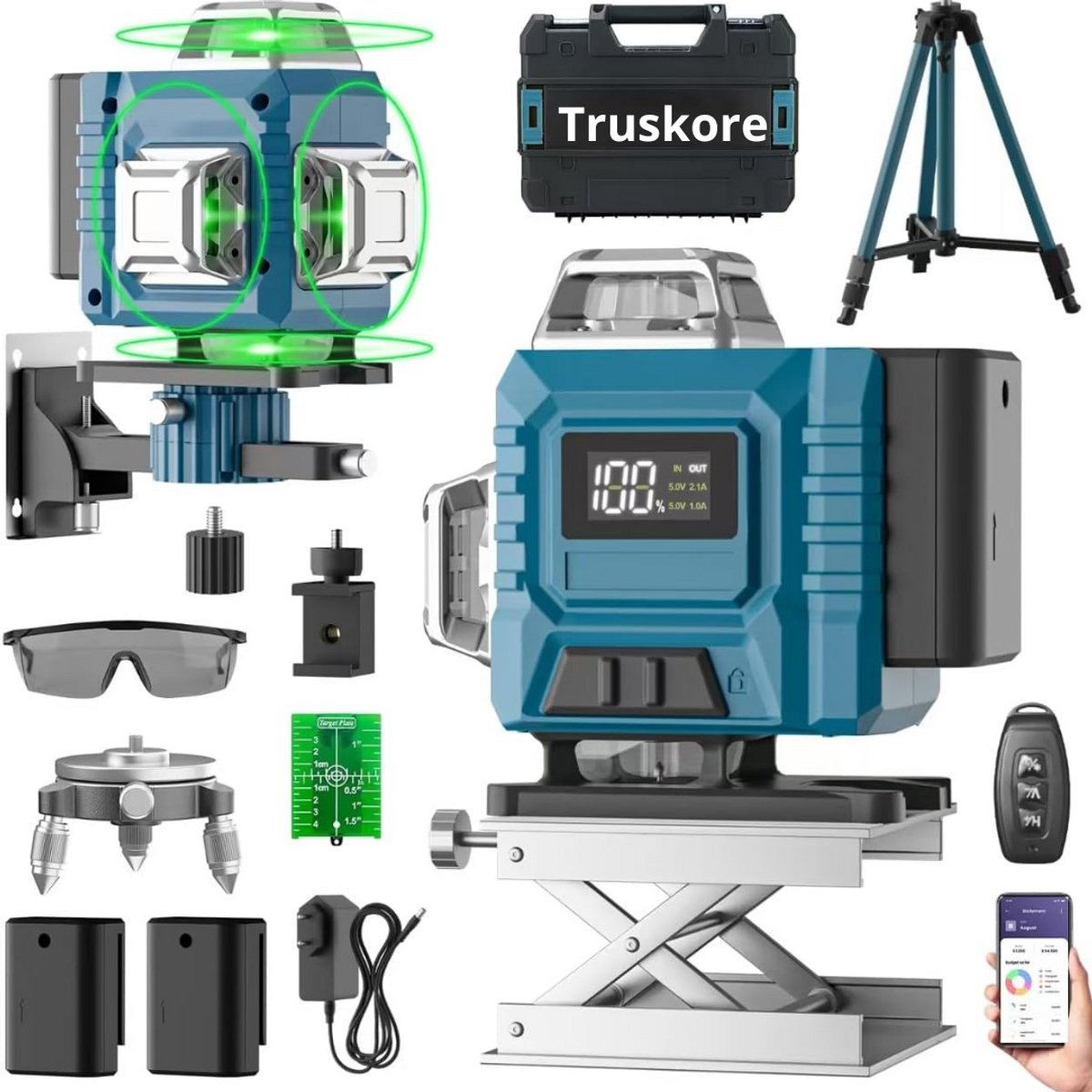 Truskore Kruislijnlaser Met Statief - 4 tot 16 Lijnen - 4D Professionele Bouwlaser - 50 Meter Meetbereik - Zelfnivellerend - 360 Graden - Laser Waterpas - Lijnlaser - Complete set