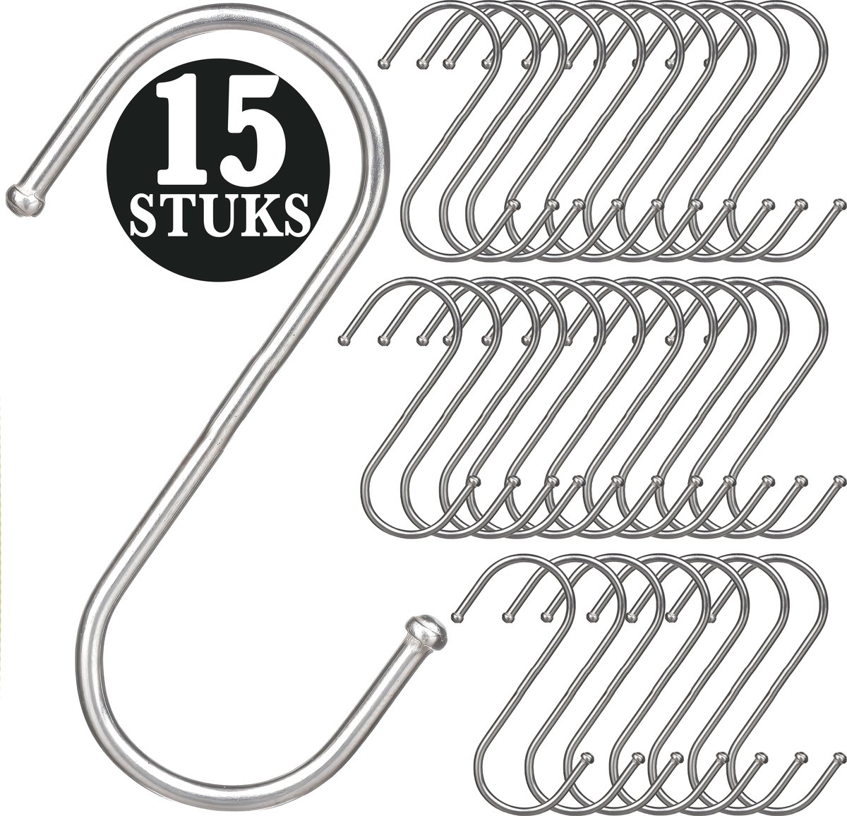 15 Stuks - Zilver Metaal S Vormige Haken - 13cm Lengte - Ophanghaken - Haakjes voor Keuken, Badkamer & Tuin - Kledinghangers - Jashaak Hangers - Handdoekhaakjes - Keukengerei Organizer Haak - Kapstok S-haken - Vleeshaken - Muurhaak