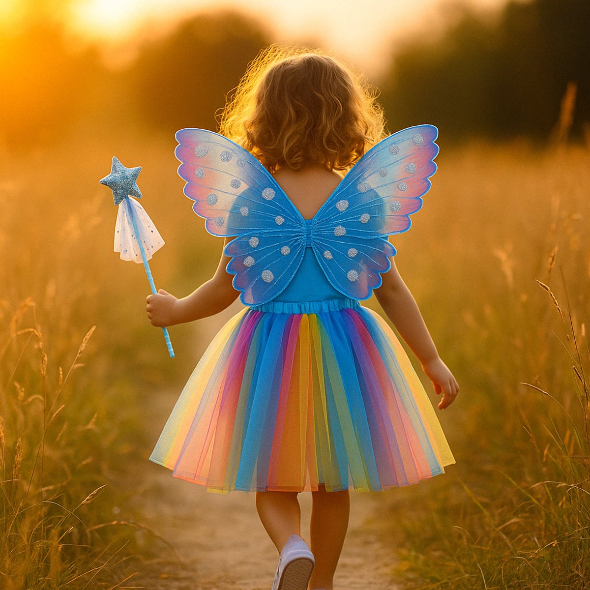 Joya Kids® Blauwe tutu met Vleugels en Staf | Tover fee Verkleedset voor Meisjes | Tutu verkleedkleding | Prinsessencape | Cape Set | Unicorn | Meisje Verkleedset | Carnvalskleding Halloween Meisjes | Met Staf, Vleugels en Tutu | Metallic Blauw — afbeelding 2