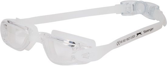 Witte Slazenger zwembril met verstelbare band en doorzichtige glazen. BS ISO 18527-3:2020.